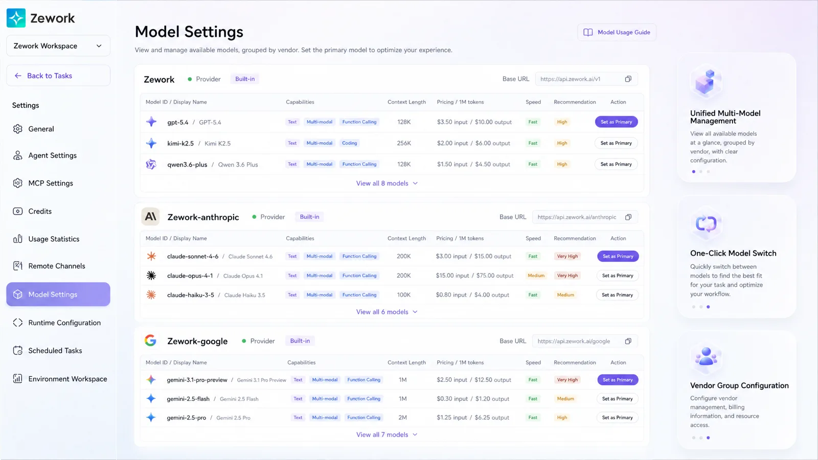 Zework model selection and Computing API management interface