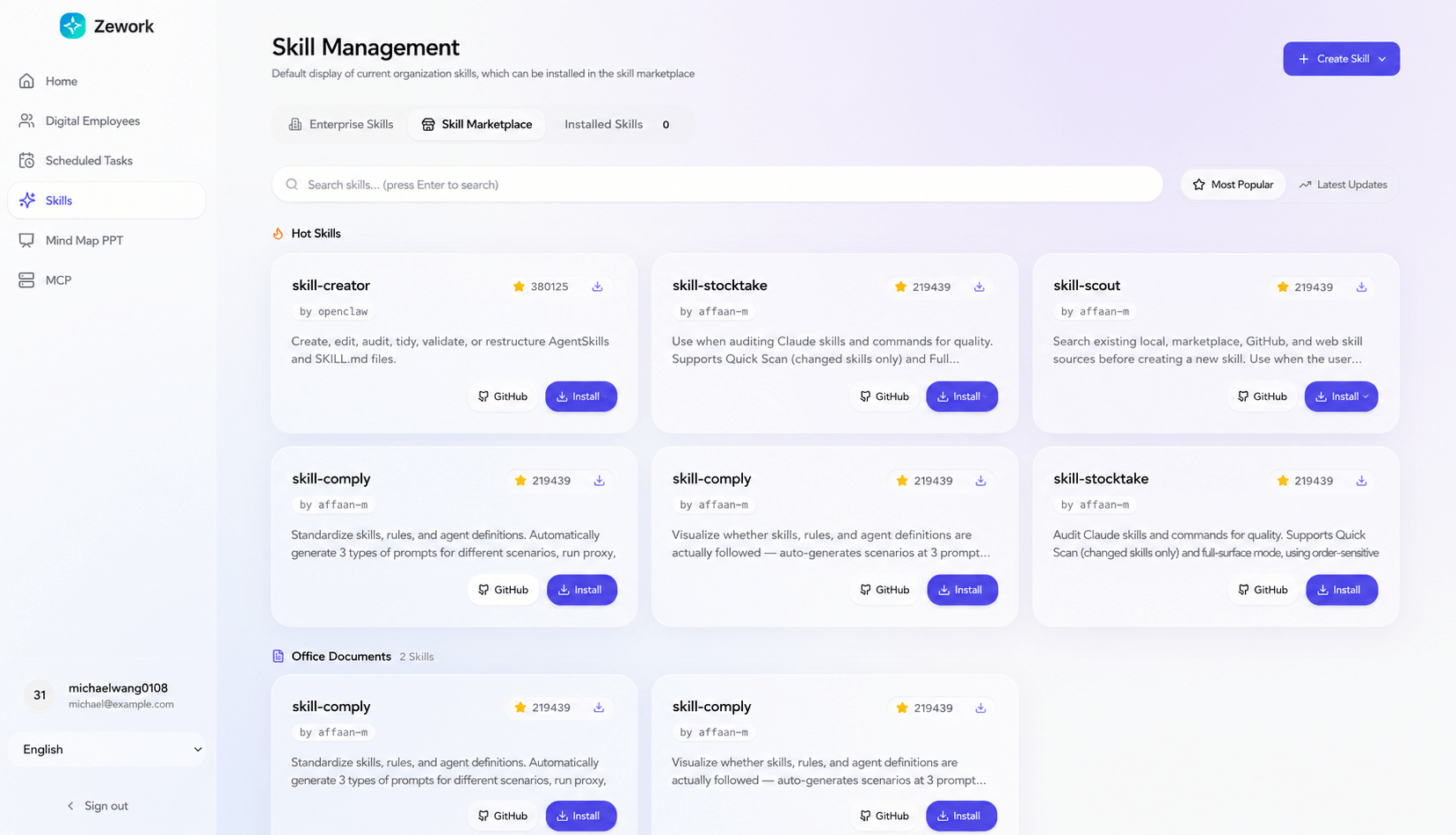 Zework AI Agent and Skill Marketplace interface