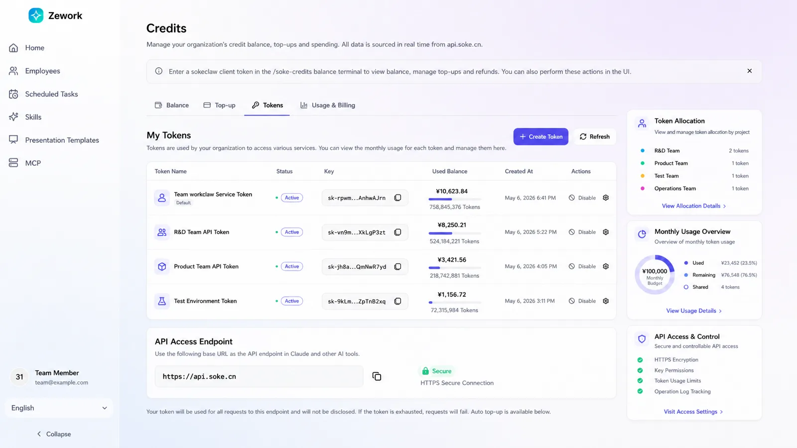 Zework Token management and operations observability interface