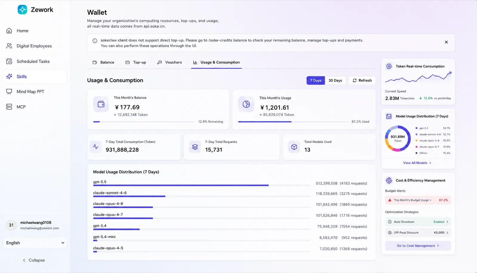 Zework Token usage statistics and governance platform interface